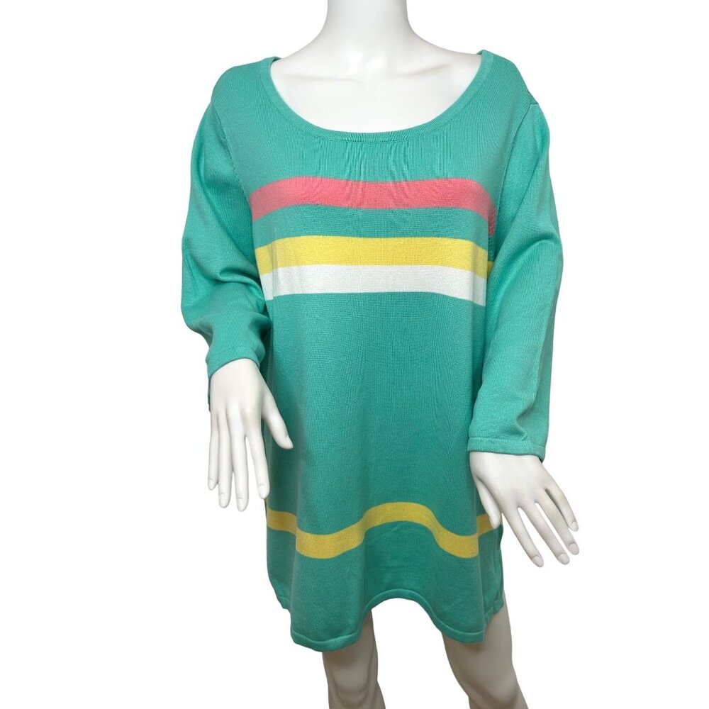 Belle Kim Gravel Tunic Top 1X Green Pink Yellow White Stripes 3/4 Sleeves Knit